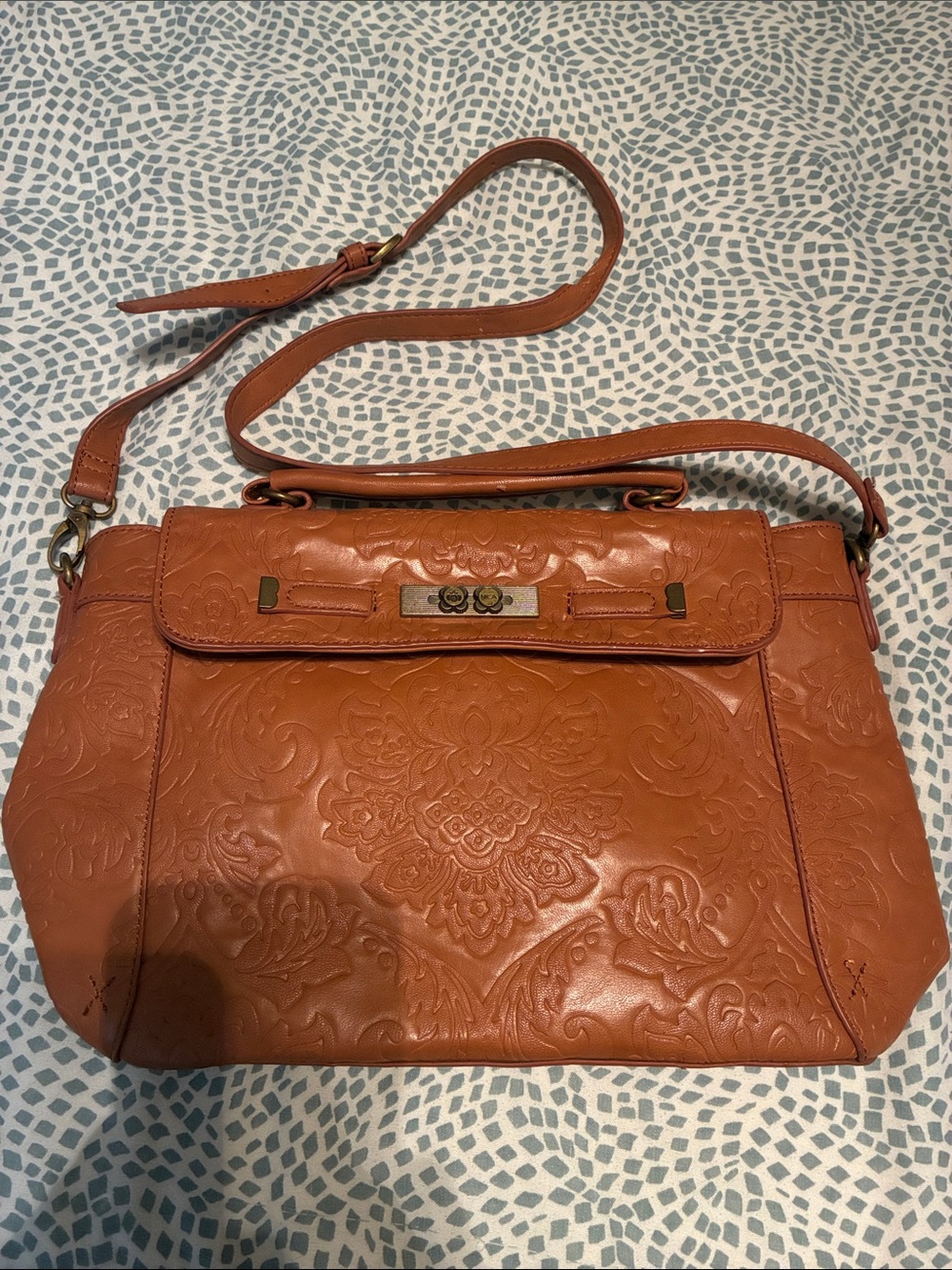 Embossed Faux Leather Crossbody Bag in Cognac